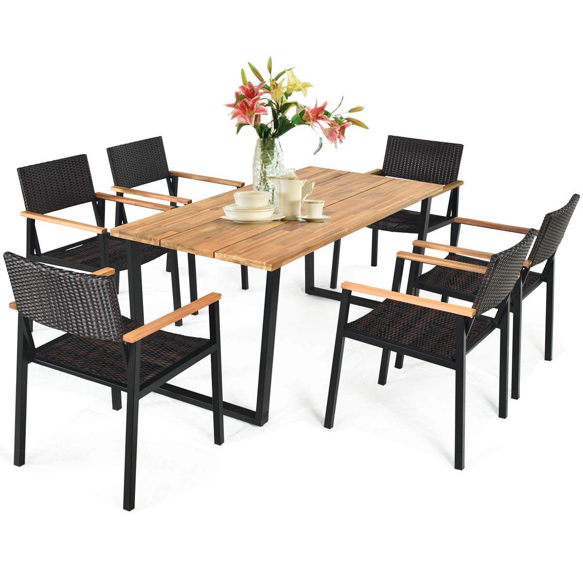 Tangkula Ensemble de salle à manger d'extérieur 7 pièces, mobilier de salle à manger de patio avec grande table rectangulaire en bois d'acacia